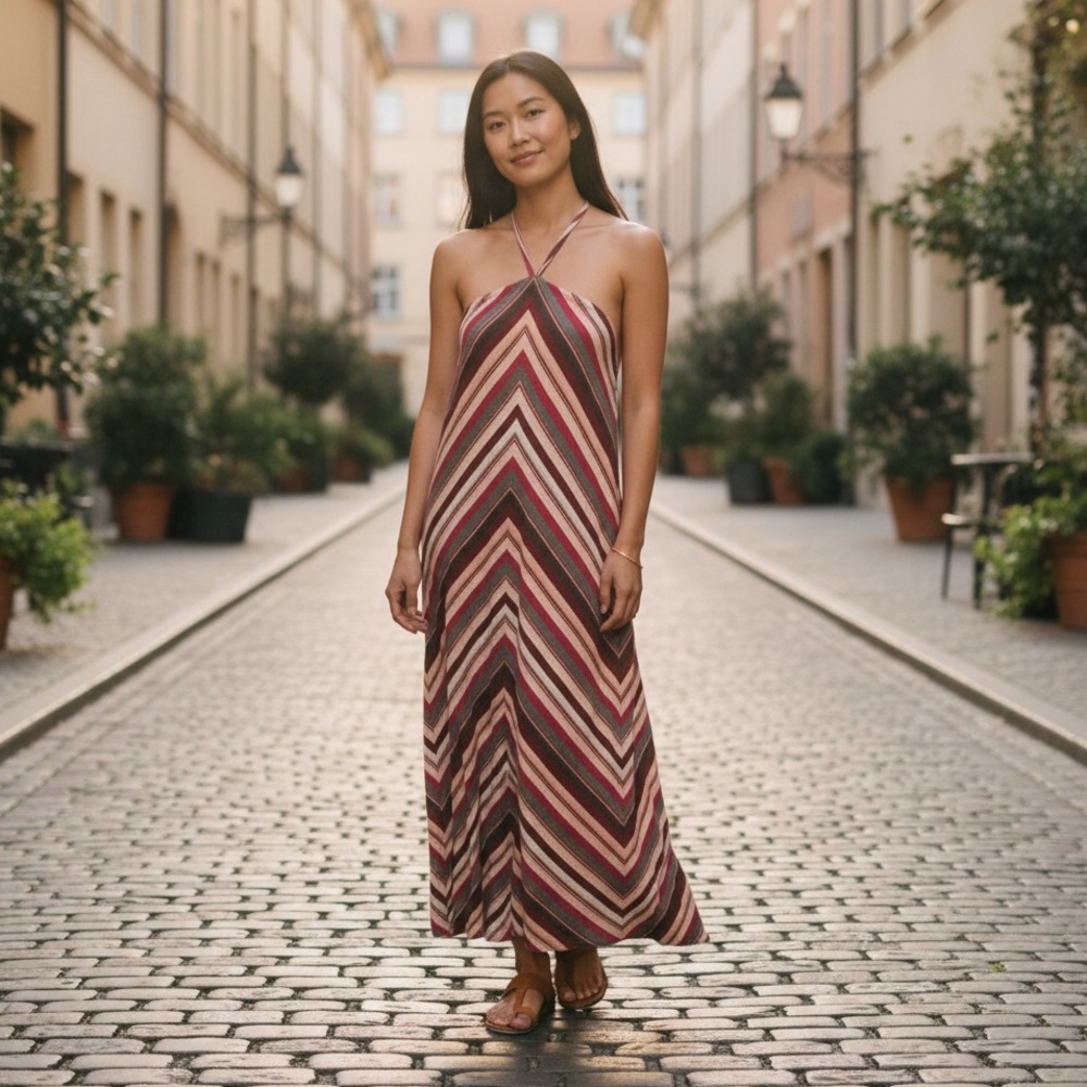 Ann Taylor LOFT Multi Color Striped Chevron Halter Style Maxi Dress SP NWT